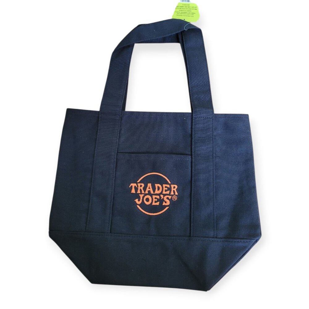 Trader Joes Mini Black Canvas Tote Bag Reusable City Everyday Goth Style Classic - Picture 2 of 4